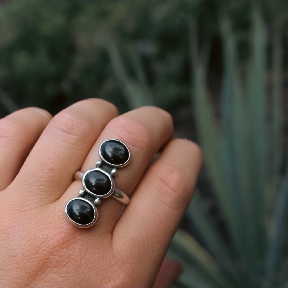 Sterling Silver Triple Onyx Ring
